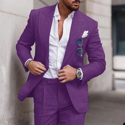 Costume de mariage en lin 2 pièces pour hommes - Design élégant à simple boutonnage