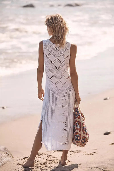 Robe en mesh – Coupe décontractée – Col en V – Tricot géométrique – Fente