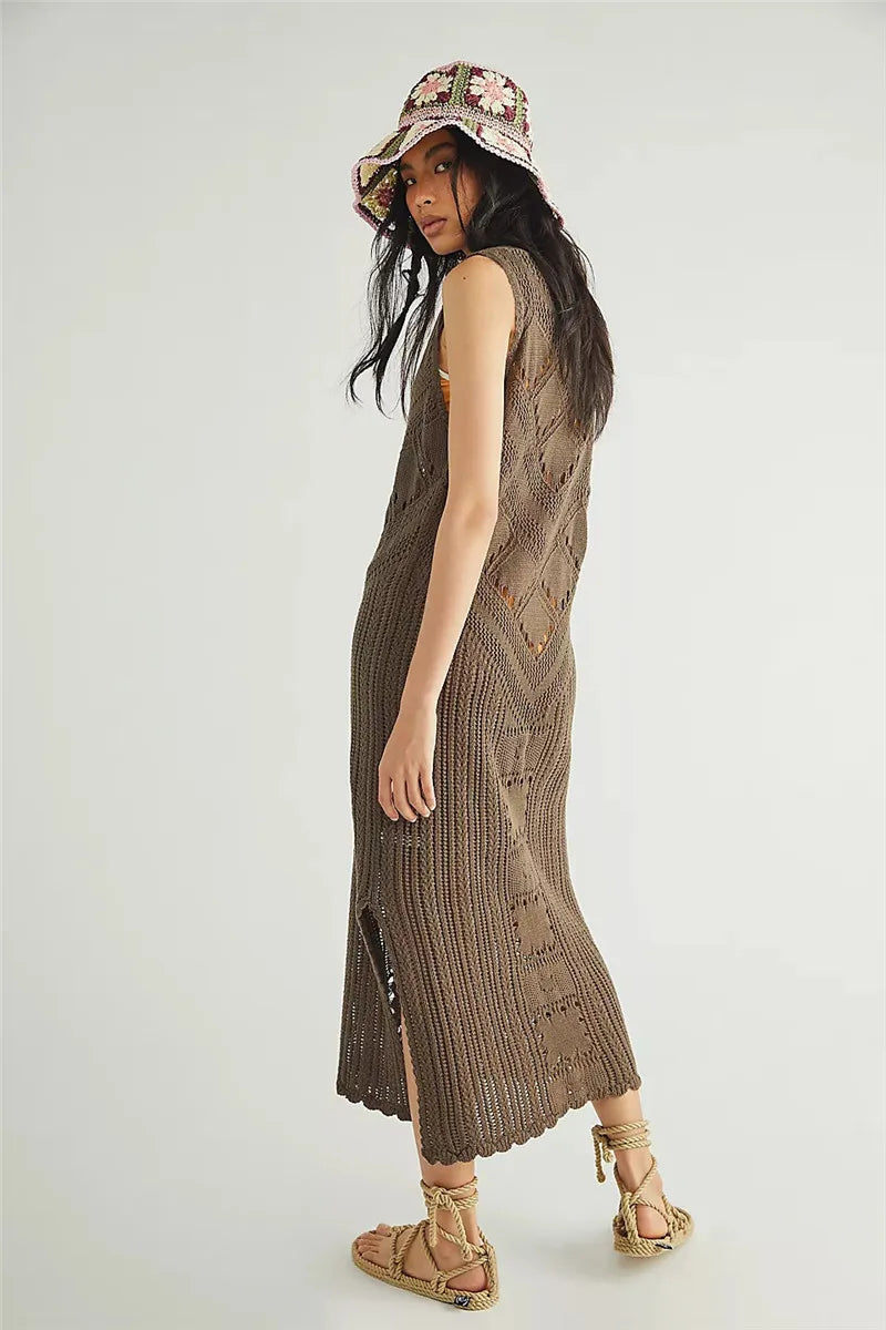 Robe en mesh – Coupe décontractée – Col en V – Tricot géométrique – Fente