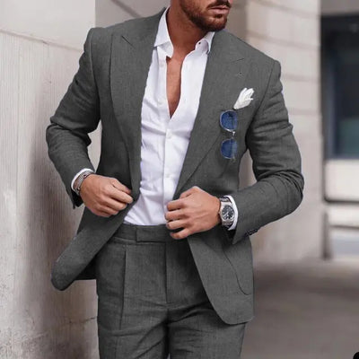 Costume de mariage en lin 2 pièces pour hommes - Design élégant à simple boutonnage