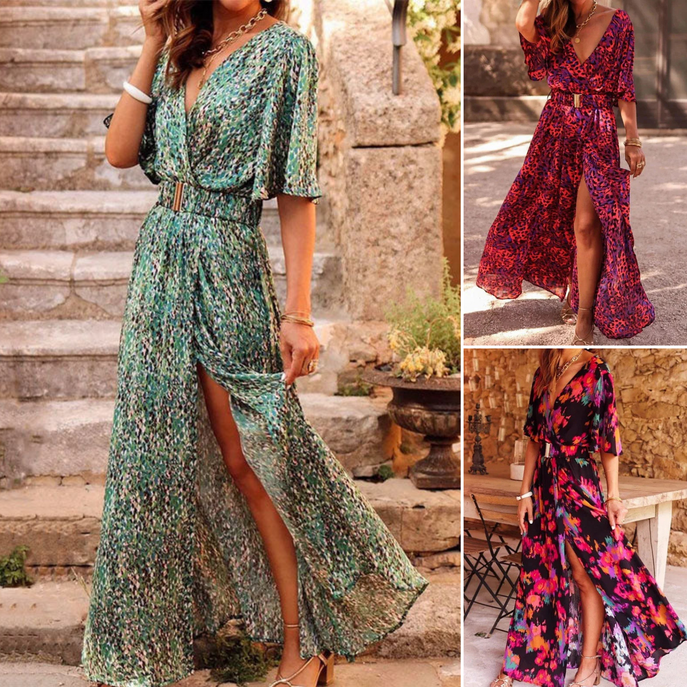 Robe longue élégante à imprimé raffiné avec fente latérale