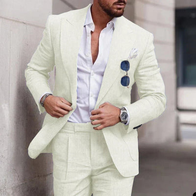 Costume de mariage en lin 2 pièces pour hommes - Design élégant à simple boutonnage