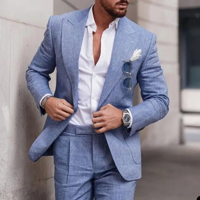 Costume de mariage en lin 2 pièces pour hommes - Design élégant à simple boutonnage