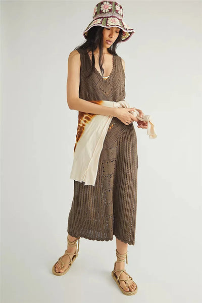 Robe en mesh – Coupe décontractée – Col en V – Tricot géométrique – Fente