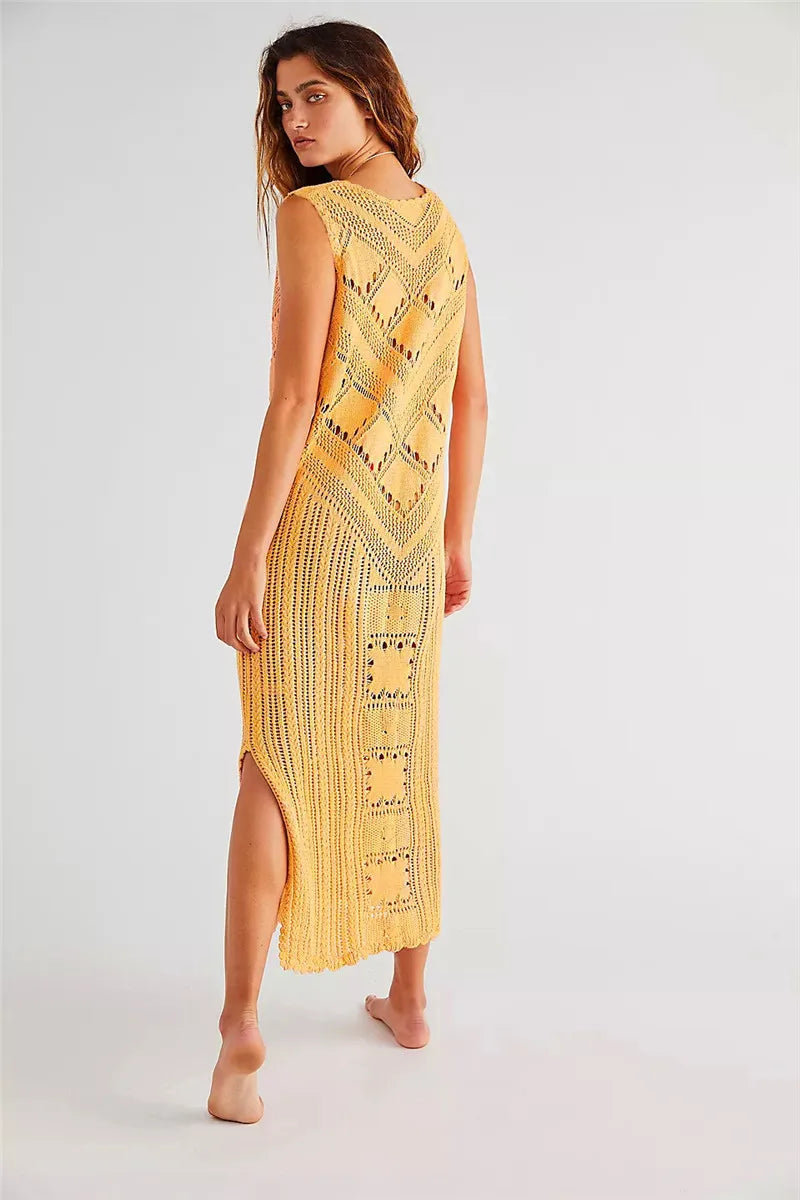 Robe en mesh – Coupe décontractée – Col en V – Tricot géométrique – Fente