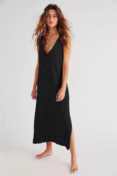 Robe en mesh – Coupe décontractée – Col en V – Tricot géométrique – Fente