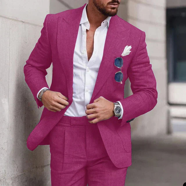 Costume de mariage en lin 2 pièces pour hommes - Design élégant à simple boutonnage