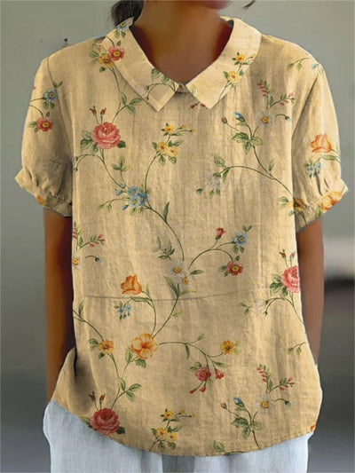 Karla - Chemise pour femmes en coton et lin avec imprimé floral rétro