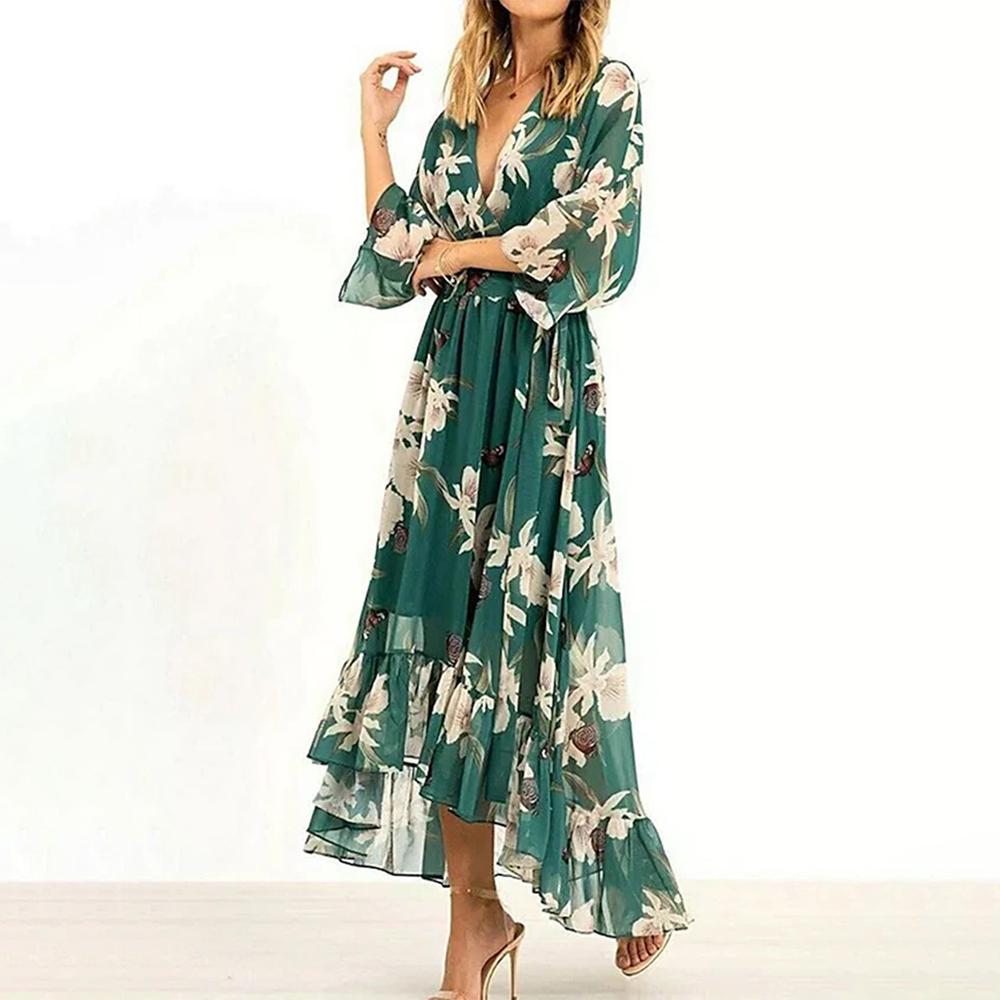 Robe maxi fleurs - robe verte élégante pour femmes en été