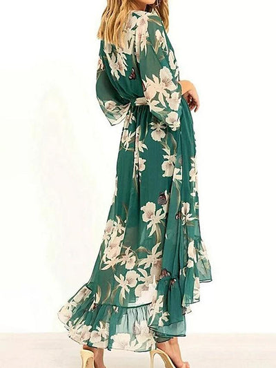 Robe maxi fleurs - robe verte élégante pour femmes en été