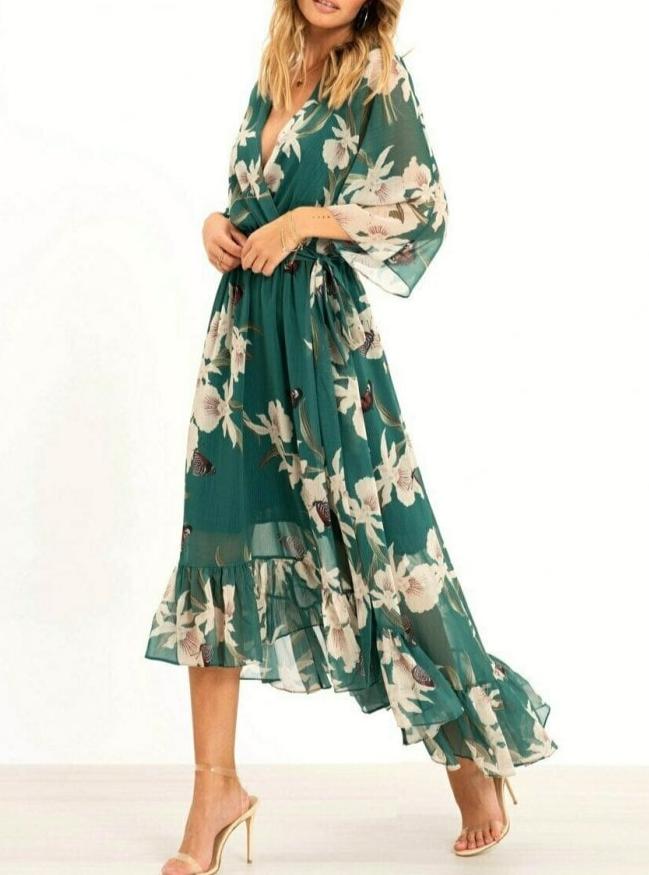 Robe maxi fleurs - robe verte élégante pour femmes en été