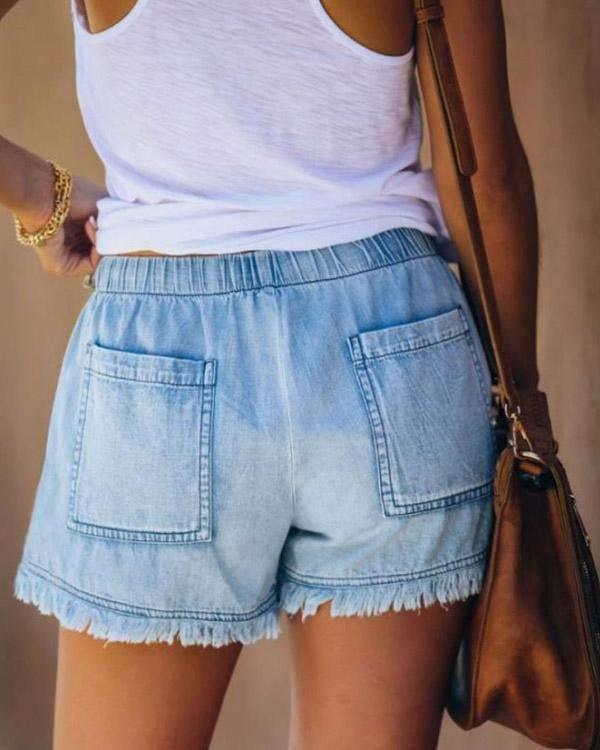 Pamela - Shorts en Denim Unis avec Cordon de Serrage