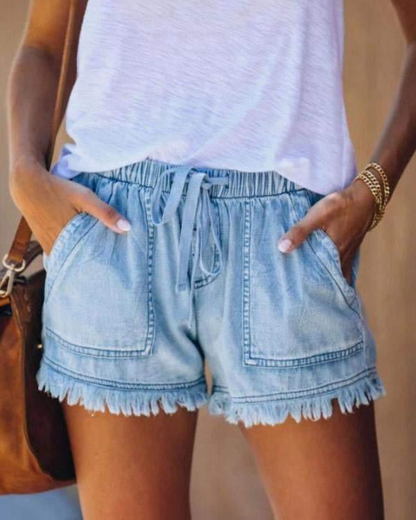 Pamela - Shorts en Denim Unis avec Cordon de Serrage