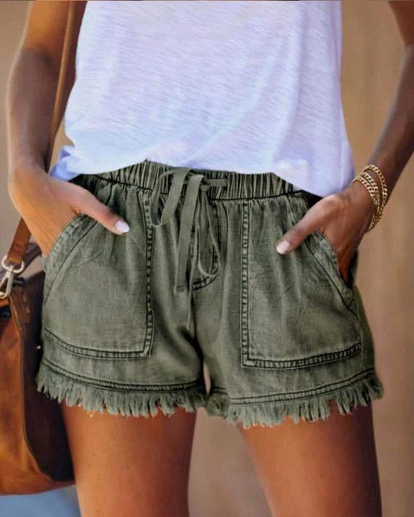 Pamela - Shorts en Denim Unis avec Cordon de Serrage