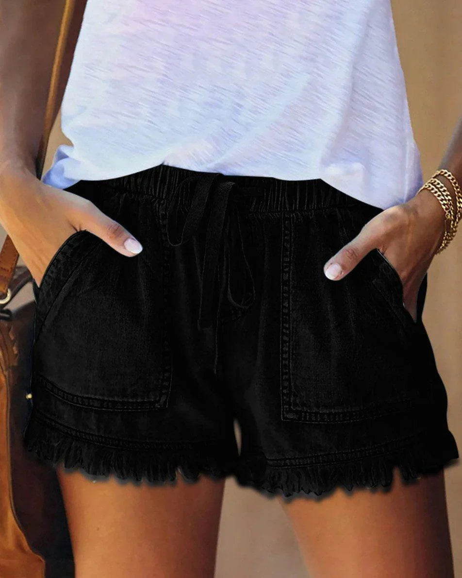 Pamela - Shorts en Denim Unis avec Cordon de Serrage