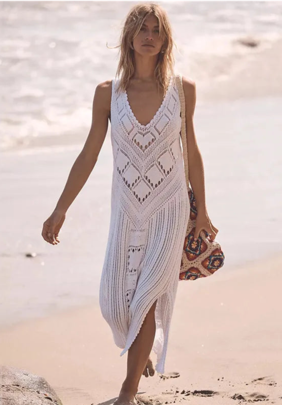 Robe en mesh – Coupe décontractée – Col en V – Tricot géométrique – Fente