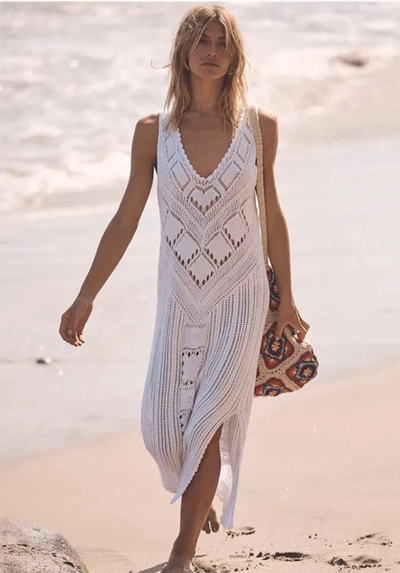Robe en mesh – Coupe décontractée – Col en V – Tricot géométrique – Fente